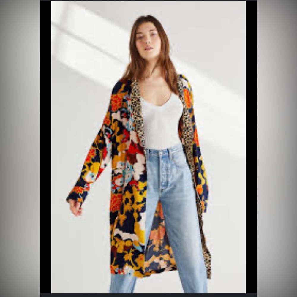 Long Floral & Leopard Trim Cardigan Sweater - Multicolor
